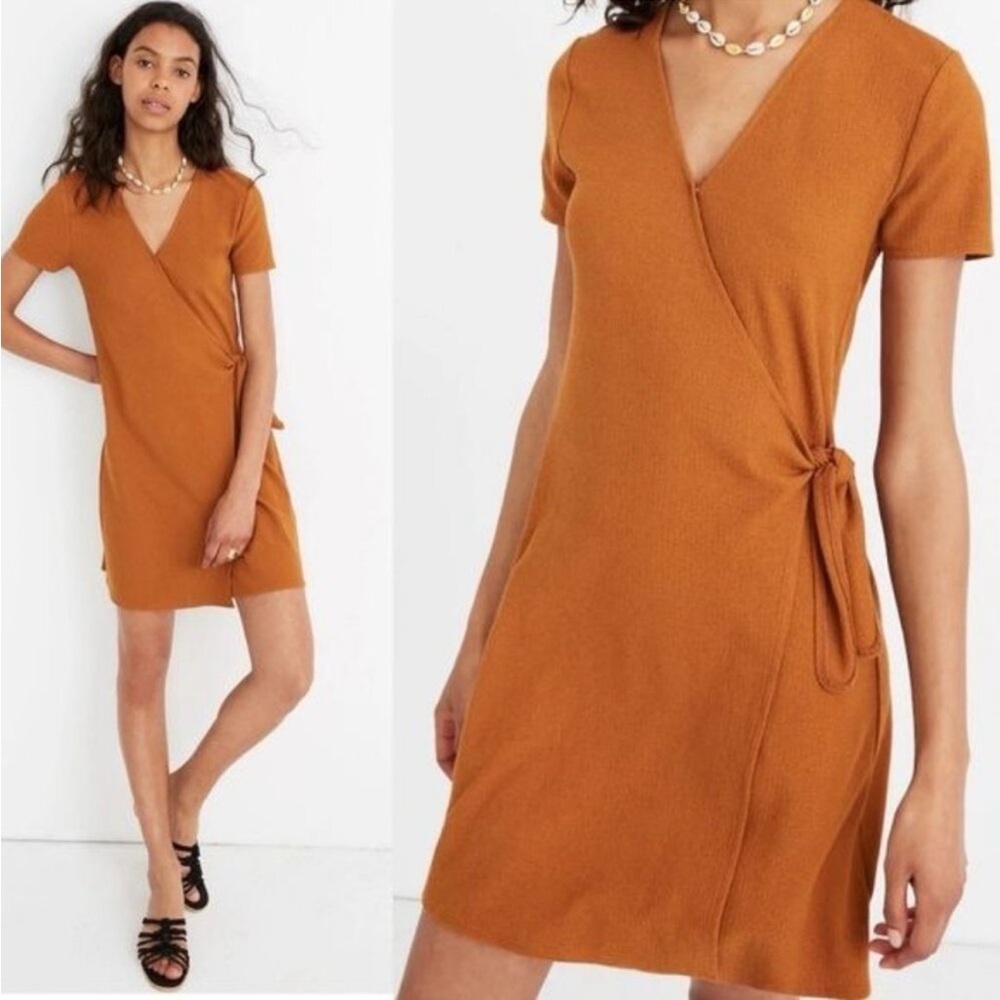 Madewell Wrap-Style Short Sleeve Dress in Rust